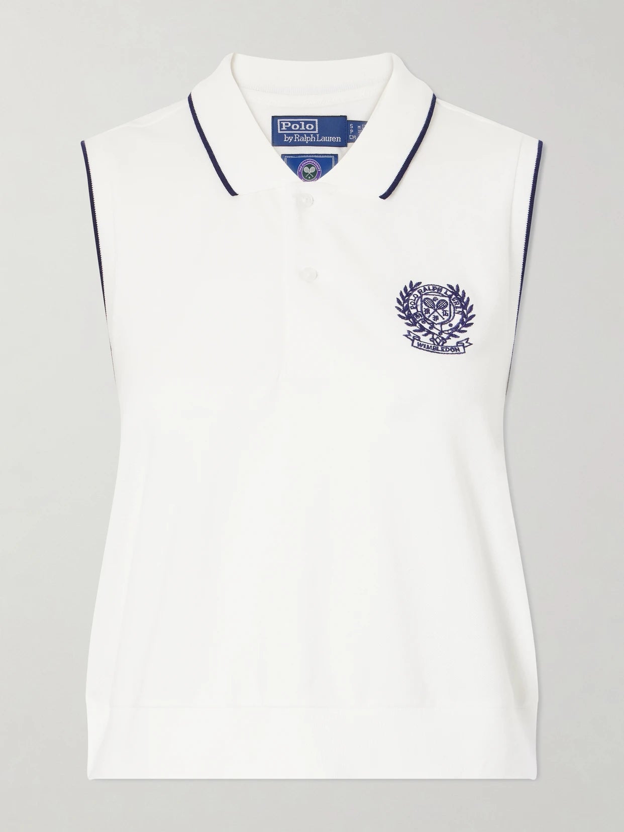Image of a model wearing Tops. Product name - + Wimbledon Logo-embroidered Cotton-blend Jersey Polo Vest in White colour by brand - Polo Ralph Lauren