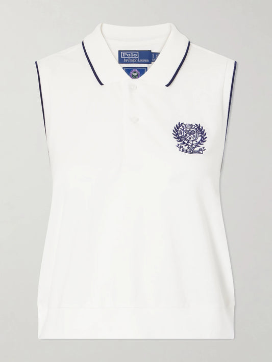 Image of a model wearing Tops. Product name - + Wimbledon Logo-embroidered Cotton-blend Jersey Polo Vest in White colour by brand - Polo Ralph Lauren