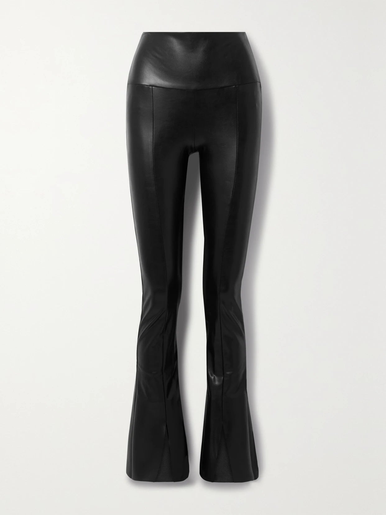 Image of a model wearing Pants. Product name - Spat Vegan Leather Flared Leggings in Black colour by brand - Norma Kamali