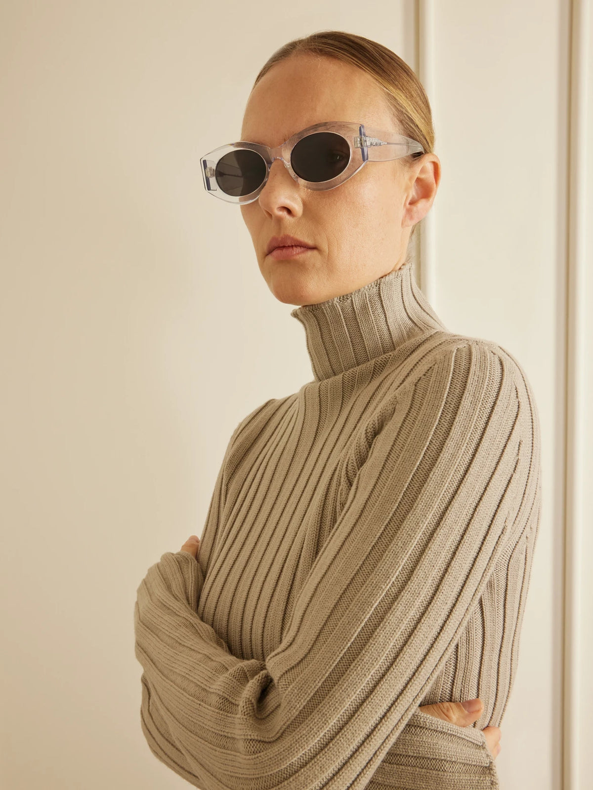 Image of Sunglasses. Product name - Lettering Round-frame Acetate Sunglasses in Clear colour by brand - Alaïa