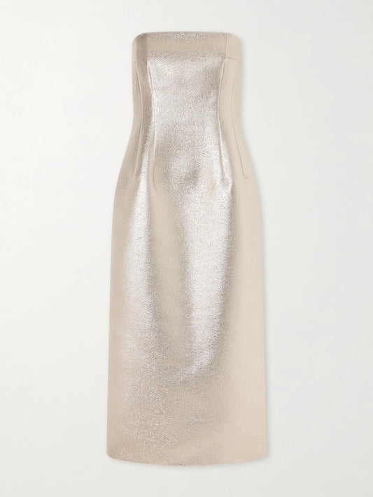 Image of Dresses. Product name - Leila Strapless Metallic Cloque Midi Dress in Multi colour by brand - Emilia Wickstead