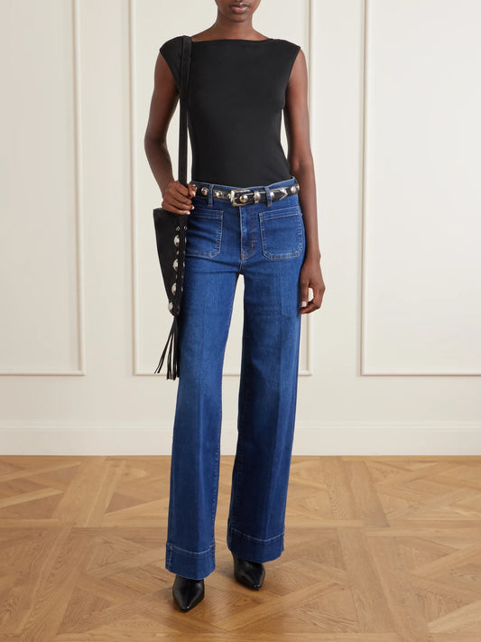 Image of Jeans. Product name - Le Slice Slim Palazzo Long High-rise Wide-leg Jeans in Dark denim colour by brand - FRAME