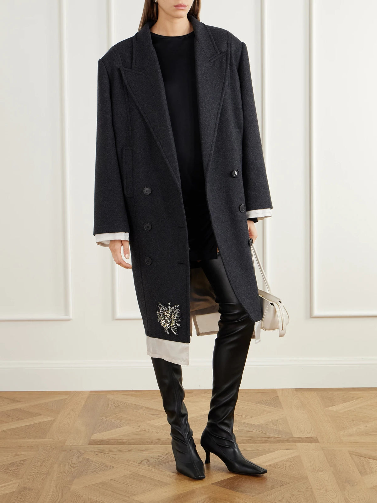 Image of Coats & Jackets. Product name - Double-breasted Crystal-embellished Satin-trimmed Wool-blend Twill Coat in Black colour by brand - The Attico