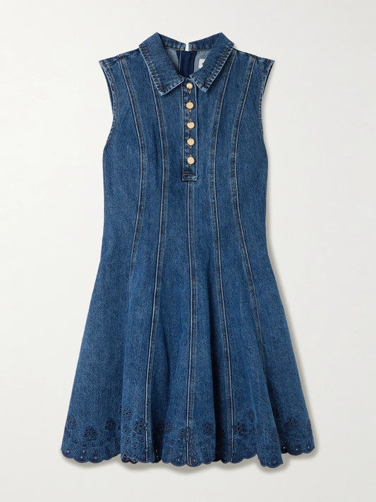 Image of Dresses. Product name - Paneled Broderie Anglaise Denim Mini Dress in Blue colour by brand - Self-Portrait