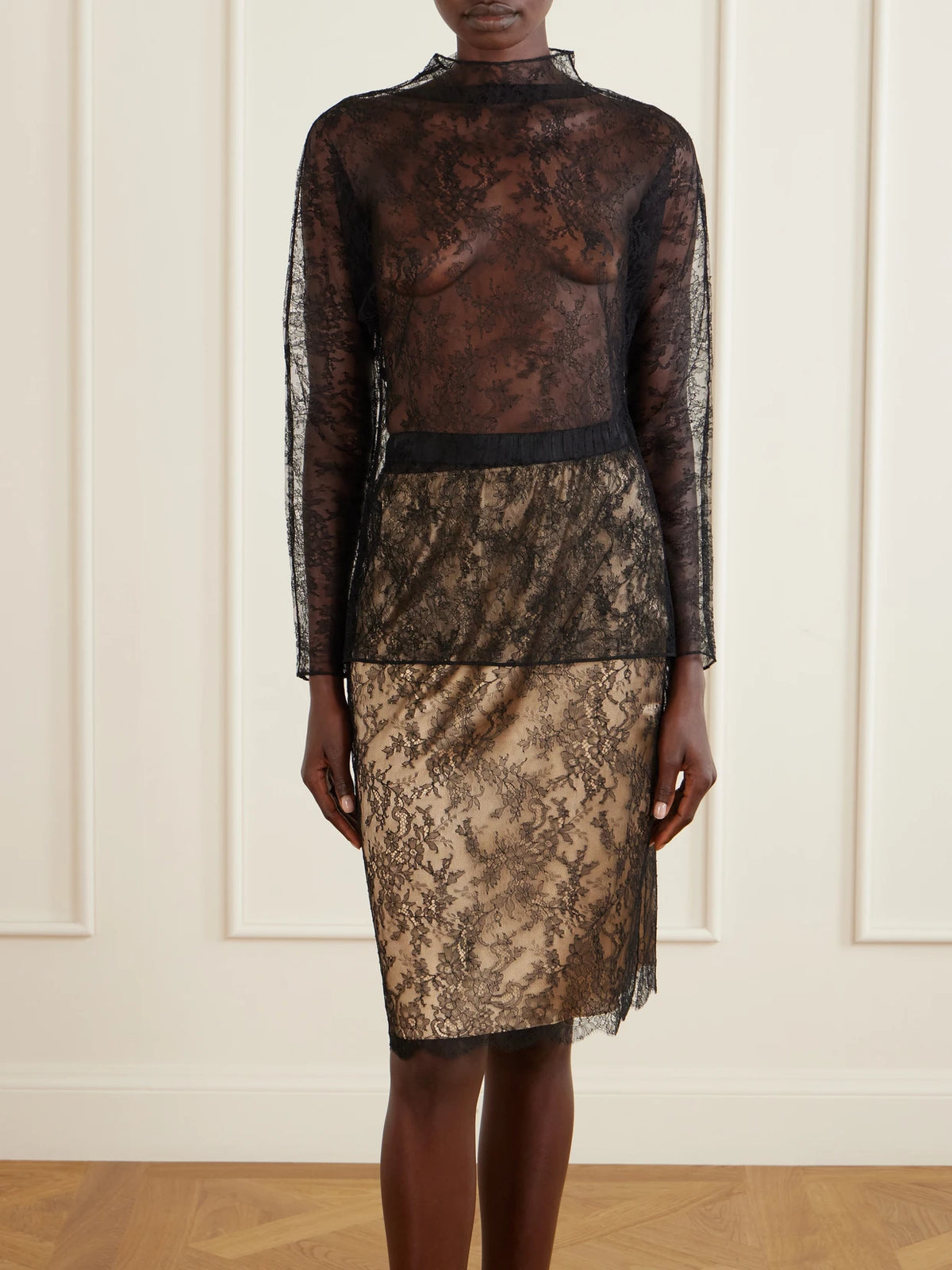 Image of Sleepwear & Loungewear. Product name - Straight Lace Midi Skirt in Black colour by brand - Carine Gilson