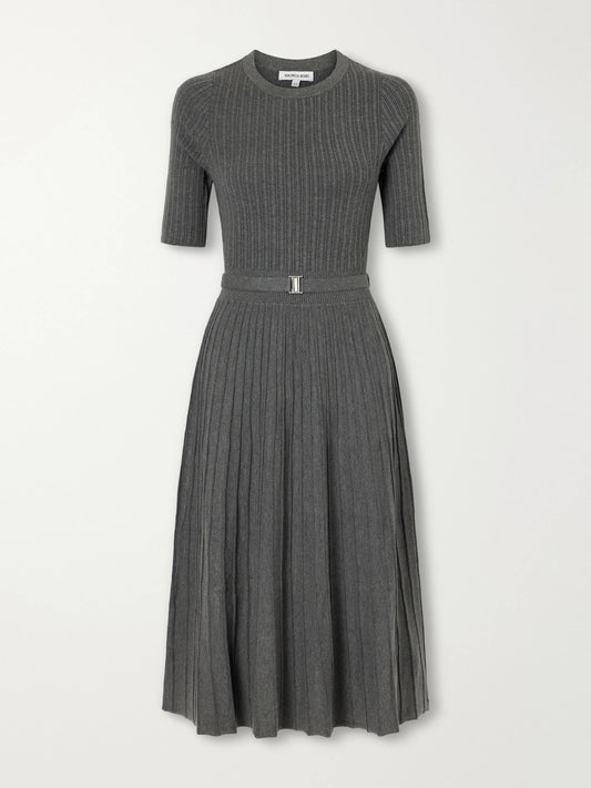 Veronica Beard Elthea Belted Pleated Ribbed-knit Midi Dress