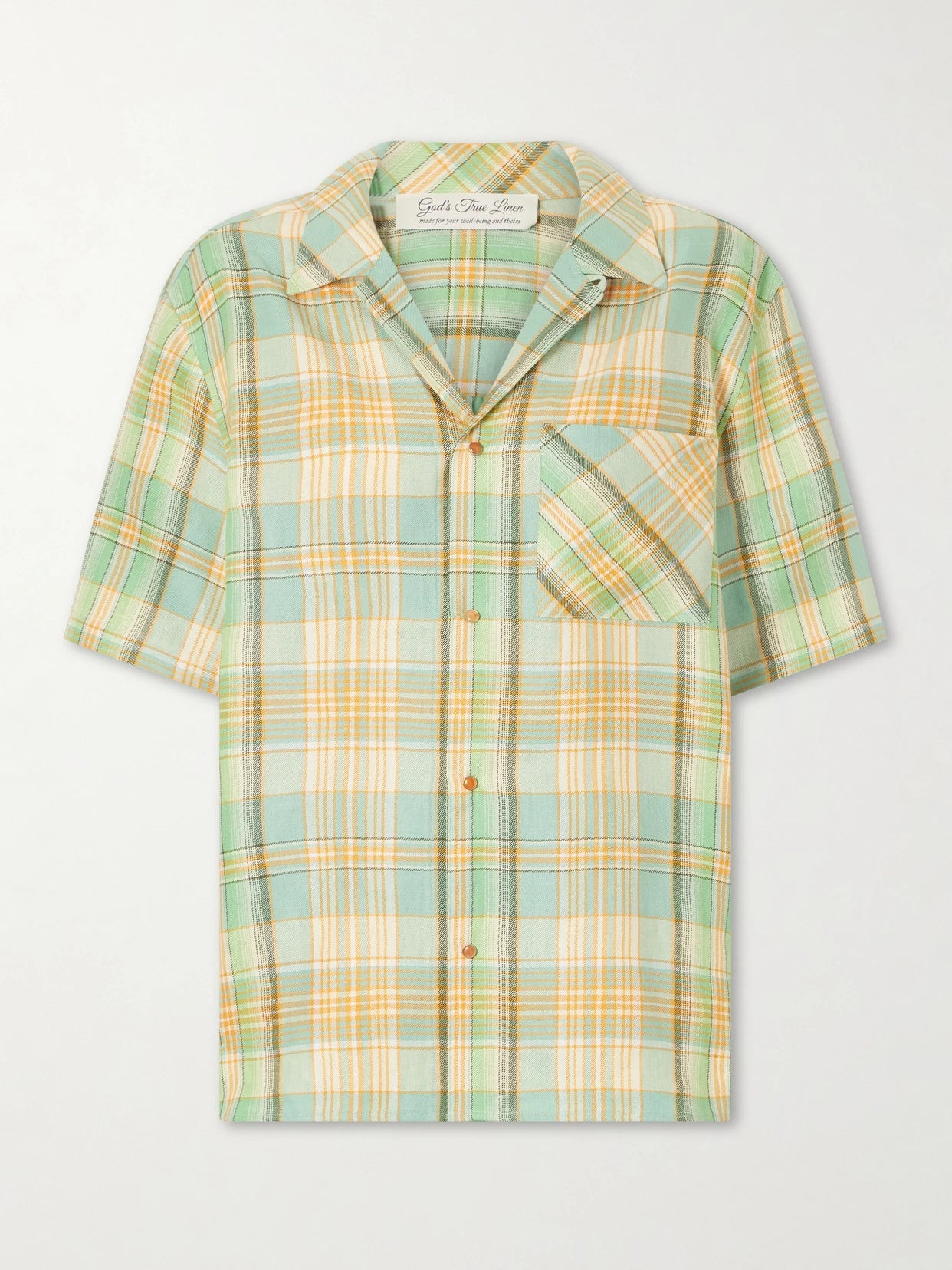 Image of a model wearing Tops. Product name - Lime Moss Checked Linen Shirt in Green colour by brand - God's True Cashmere