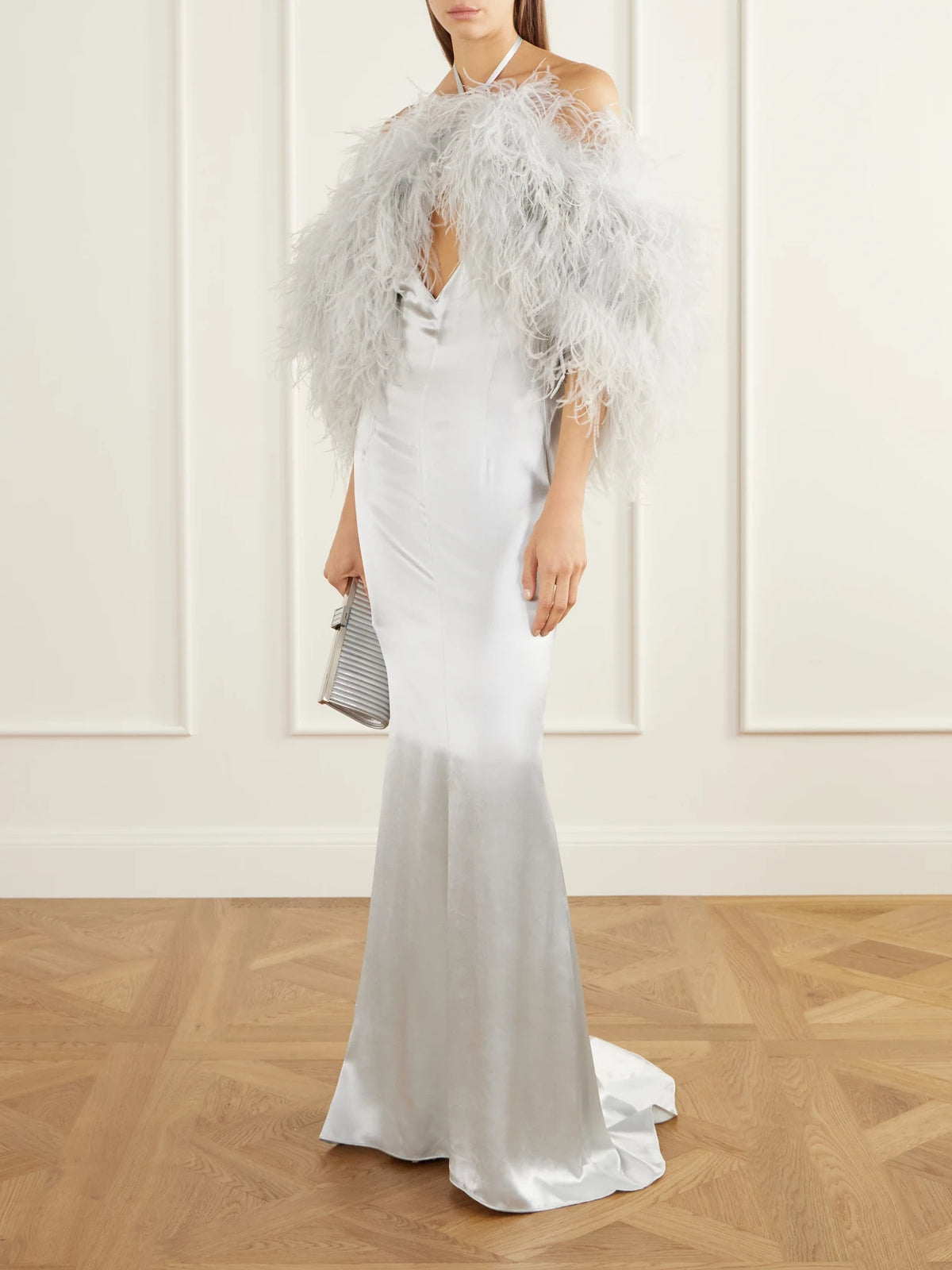 Image of Dresses. Product name - Feather-trimmed Halterneck Satin Gown in White colour by brand - The Attico