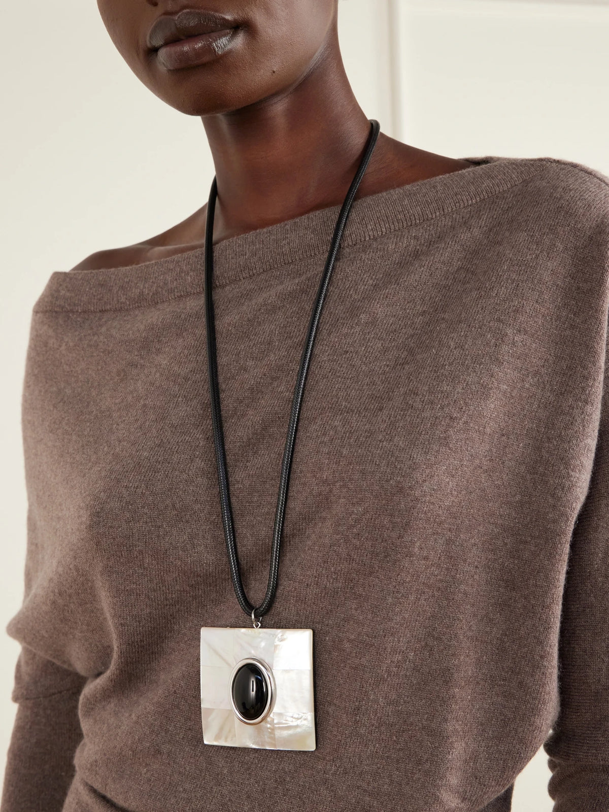 Image of Necklaces. Product name - Chamonix Rhodium-plated, Onyx And Mother-of-pearl Cord Necklace in Black colour by brand - Julietta