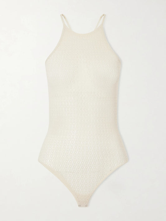 Image of a model wearing Tops. Product name - Daisy Stretch-mesh Bodysuit in Cream colour by brand - Wolford