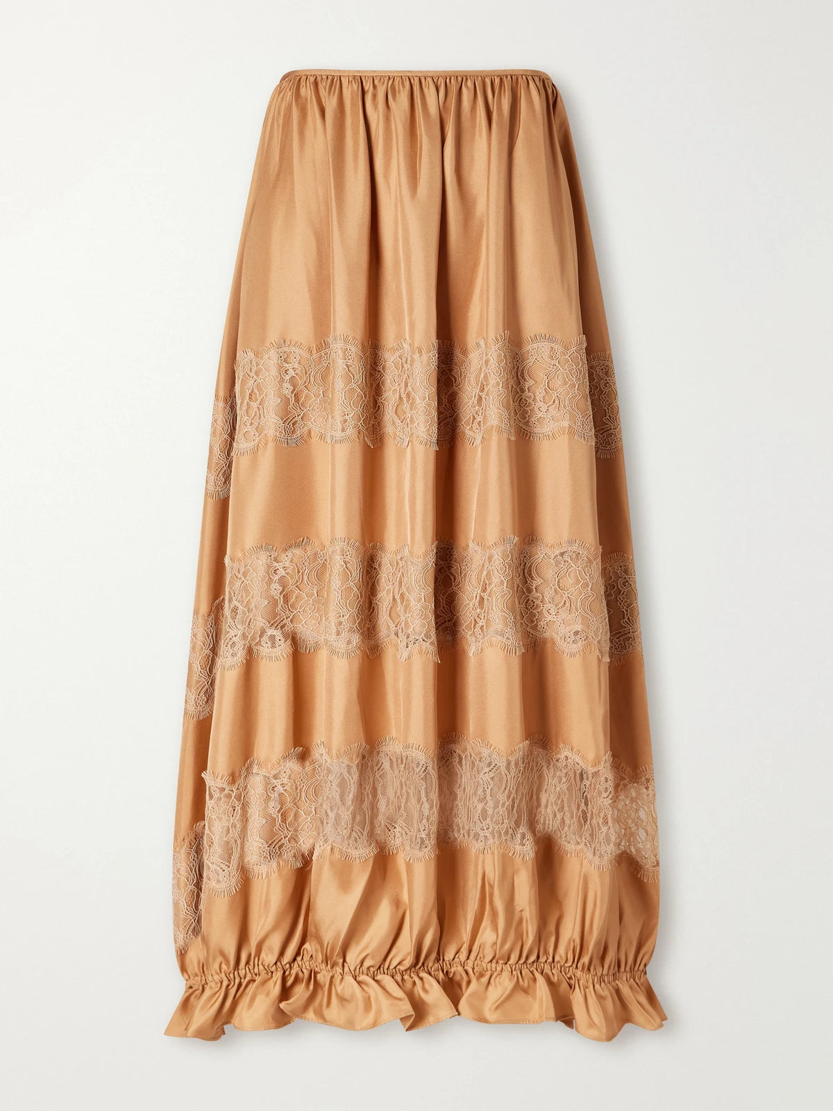 Ulla Johnson Chantal Tiered Gathered Lace-trimmed Silk-charmeuse Midi Skirt