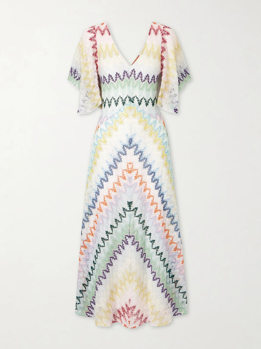 Image of Dresses. Product name - Striped Metallic Crochet-knit Maxi Dress in White colour by brand - Missoni
