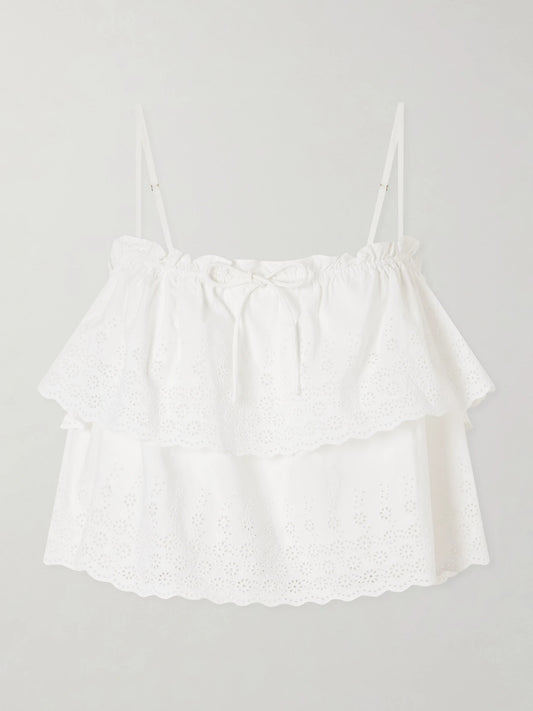 Image of a model wearing Tops. Product name - Oseanna Ruffled Broderie Anglaise Cotton Top in White colour by brand - Veronica Beard