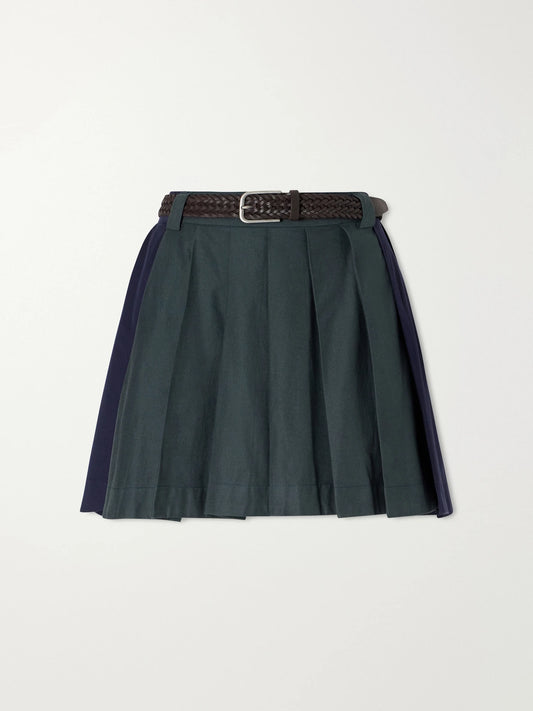 Image of a model wearing Skirts. Product name - Odessa Belted Pleated Leather-trimmed Cotton-poplin Mini Skirt in Dark green colour by brand - Sea