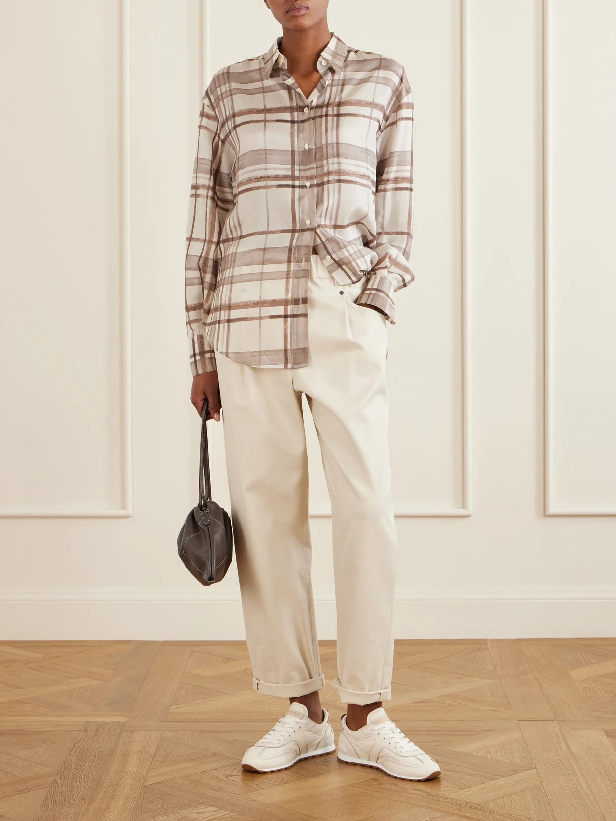 Image of a model wearing Tops. Product name - Checked Silk-satin Shirt in Brown colour by brand - Brunello Cucinelli