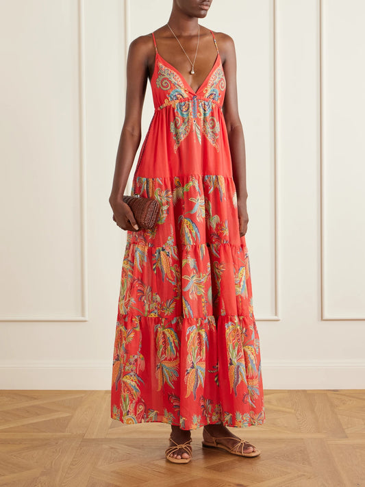 Image of Dresses. Product name - Ruffled Printed Cotton Maxi Dress in Red colour by brand - Etro