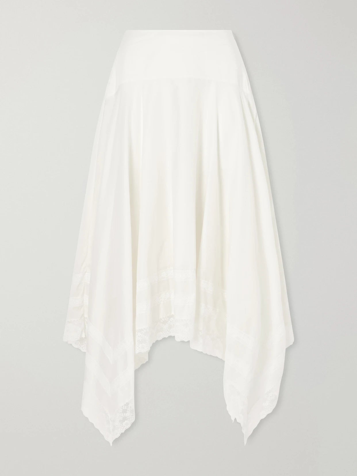 Image of a model wearing Skirts. Product name - Ainsley Asymmetric Lace-trimmed Cotton-voile Maxi Skirt in Ivory colour by brand - STAUD