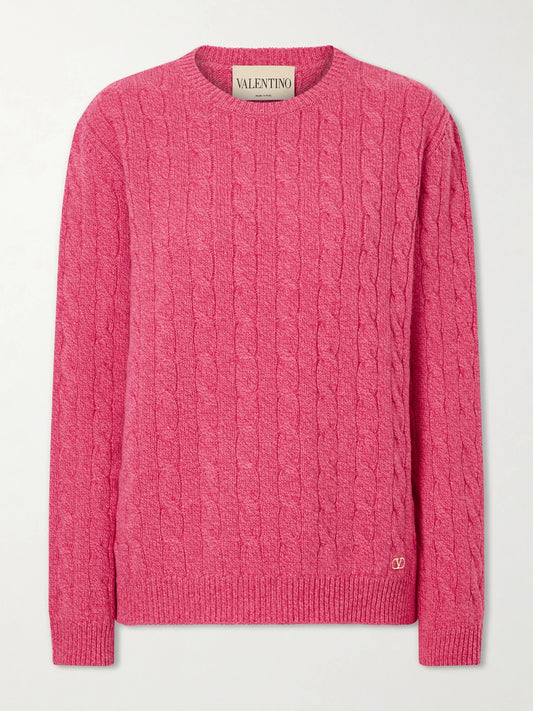 Image of a model wearing Outerwear. Product name - Cable-knit Virgin Wool Sweater in Pink colour by brand - Valentino Garavani