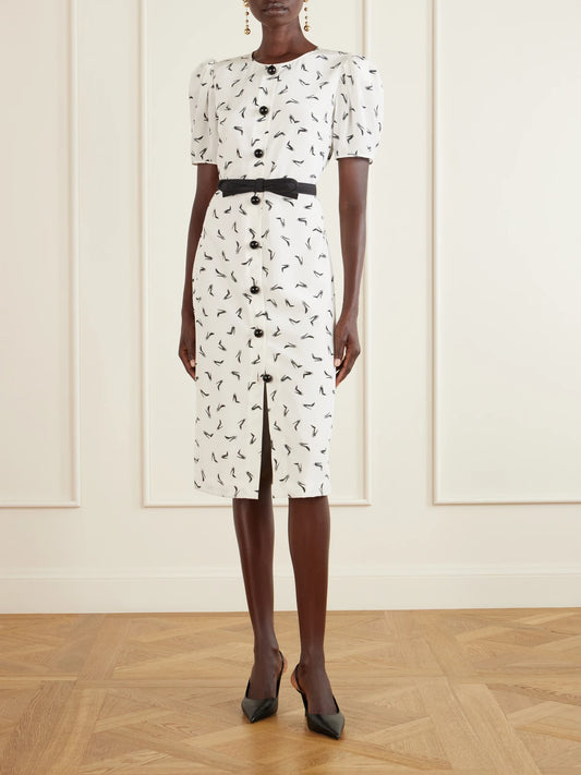 Image of Dresses. Product name - Printed Silk-crepe Midi Dress in White colour by brand - Carolina Herrera