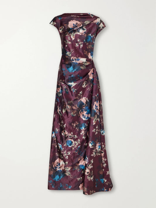 Erdem Floral-print Draped Crinkled Satin Gown