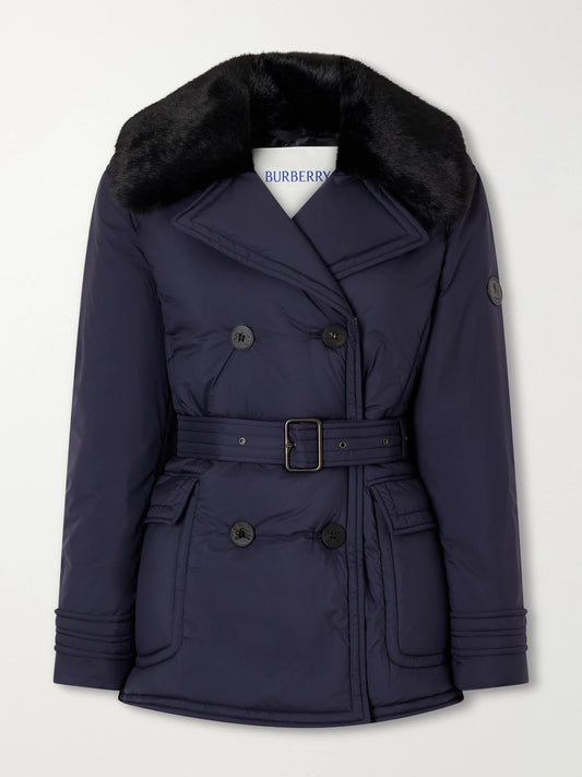 Burberry Double-breasted Belted Padded Plush-trimmed Shell Jacket