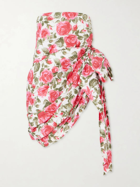 Bow-detailed Ruched Floral-print Cotton-poplin Mini Skirt