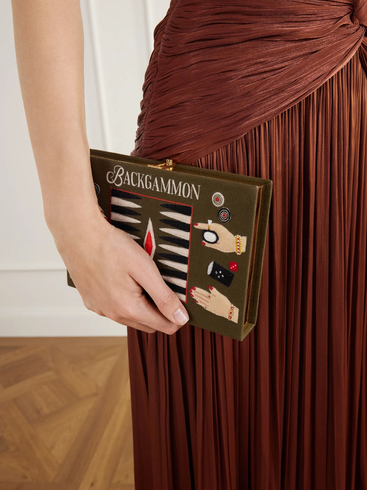 Image of Bags. Product name - Backgammon Embroidered Canvas Clutch in Brown colour by brand - Olympia Le-Tan