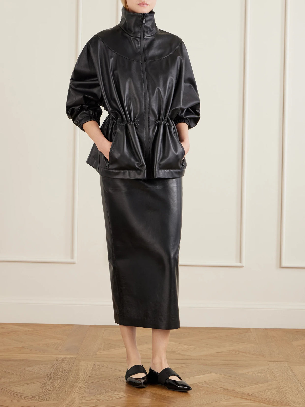 Image of Coats & Jackets. Product name - Gathered Leather Jacket in Black colour by brand - Givenchy