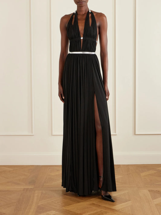 Image of Dresses. Product name - Pleated Metallic Elaphe-trimmed Jersey Gown in Black colour by brand - Alaïa