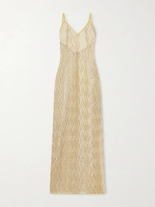 Image of Swimwear. Product name - Mare Metallic Crochet-knit Coverup in Gold colour by brand - Missoni
