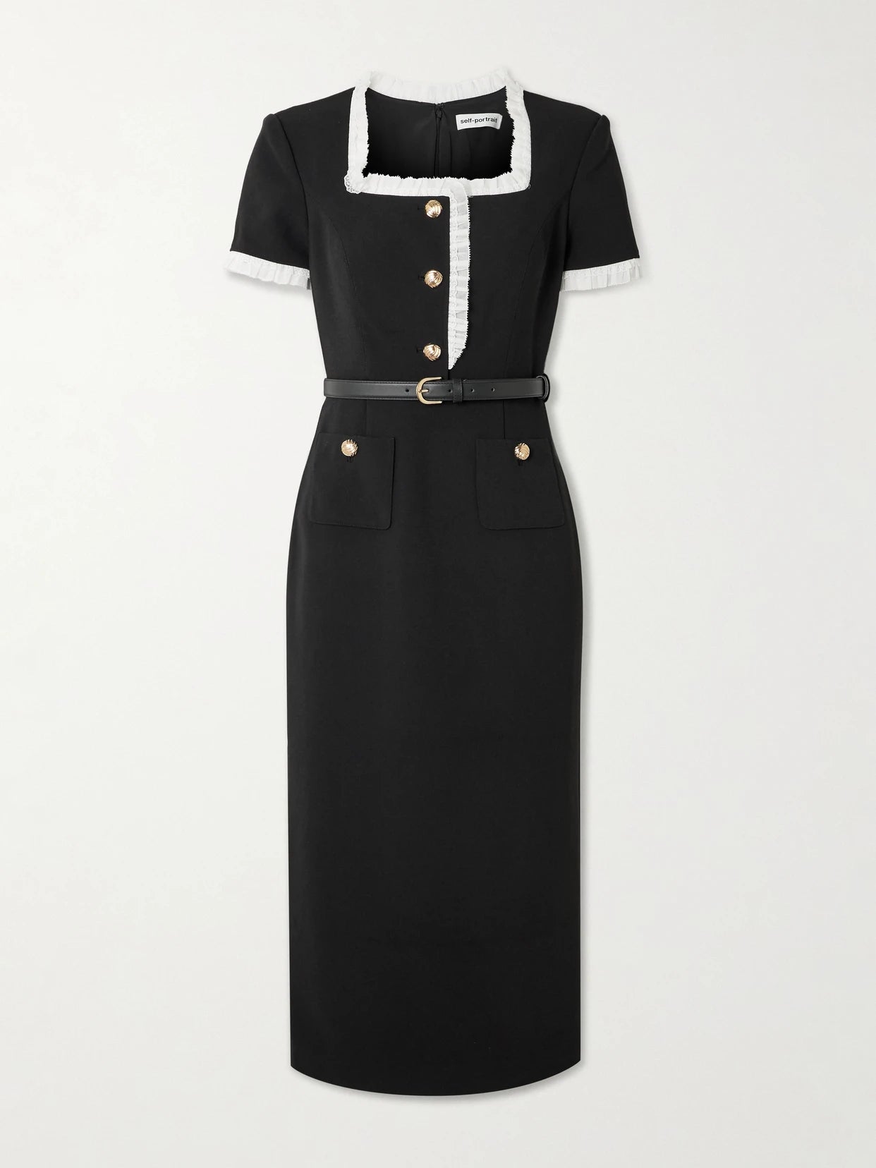 Belted Ruffled Lace-trimmed Crepe Midi Dress