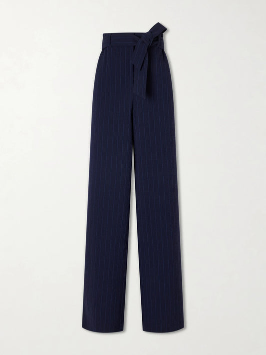 Image of a model wearing Pants. Product name - Striped Seersucker Virgin Wool-blend Pants in Navy colour by brand - Max Mara
