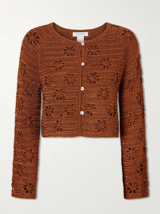Image of Cardigans. Product name - Cropped Crocheted Cardigan in Brown colour by brand - Calle Del Mar