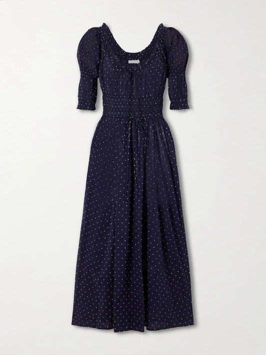 Image of Dresses. Product name - Ischia Shirred Polka-dot Organic Cotton-voile Midi Dress in Navy colour by brand - DÔEN
