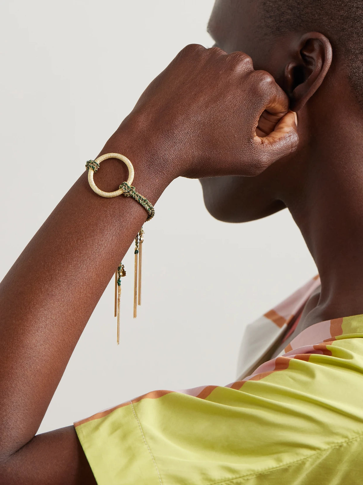 Image of Bracelets. Product name - 1885 Links Lucky Fortune + Ladybug 18-karat Gold And Silk Bracelet in Multi colour by brand - Carolina Bucci