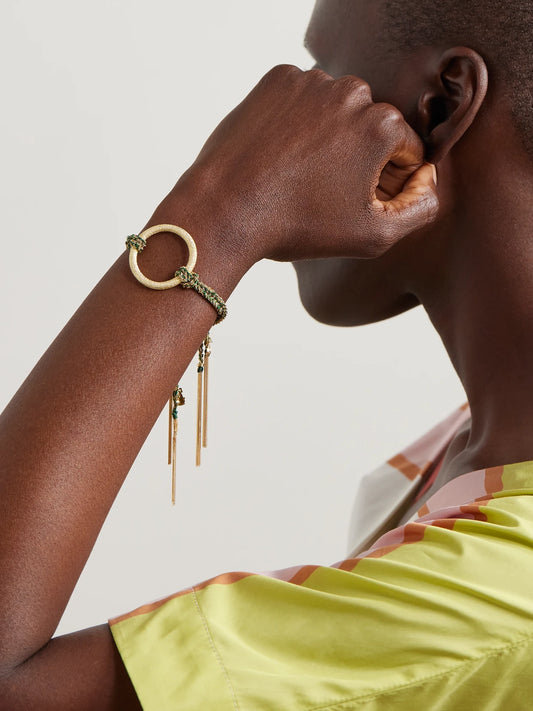 Image of Bracelets. Product name - 1885 Links Lucky Fortune + Ladybug 18-karat Gold And Silk Bracelet in Multi colour by brand - Carolina Bucci