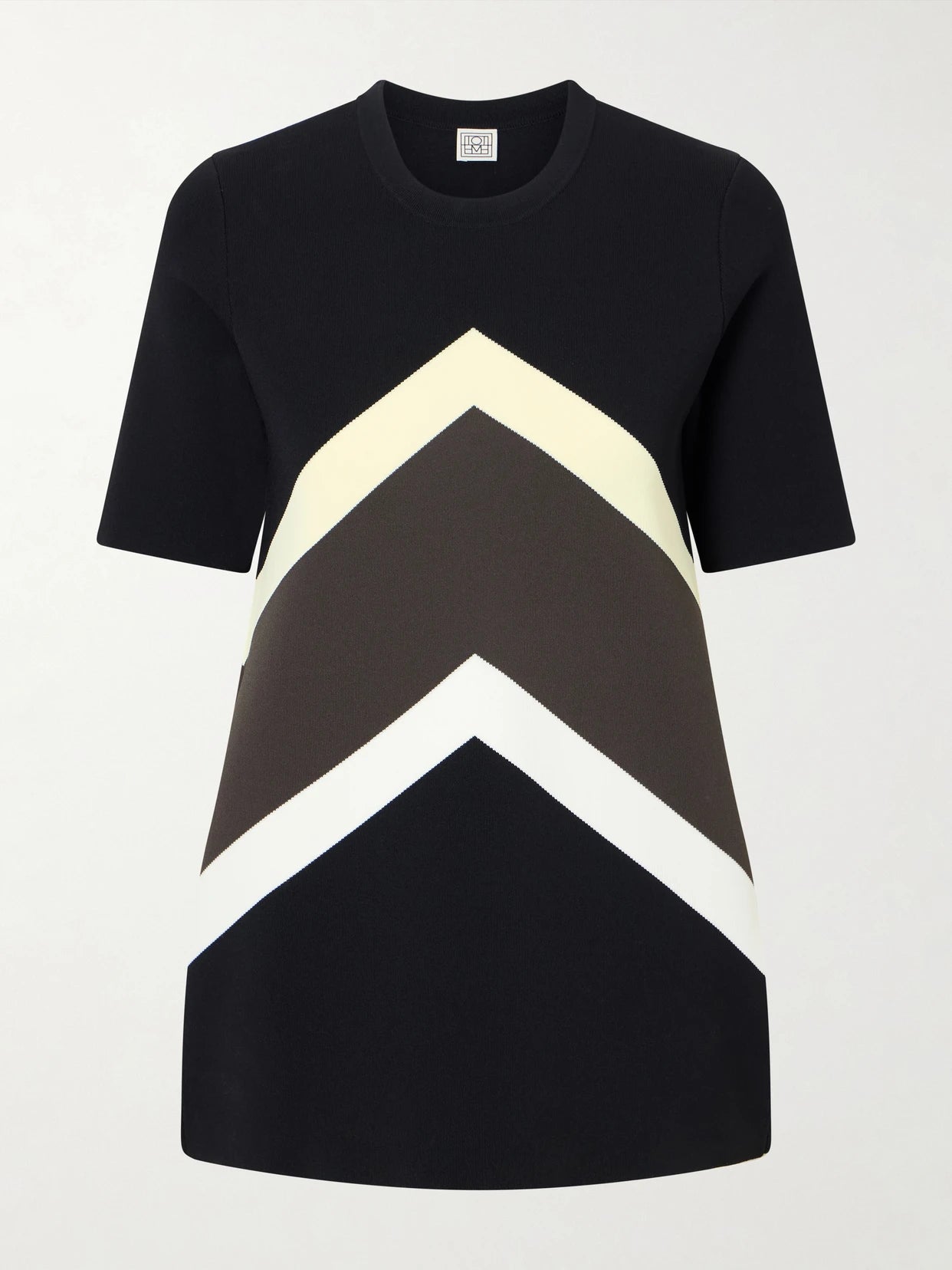 Image of a model wearing Tops. Product name - Striped Jersey T-shirt in Black colour by brand - TOTEME
