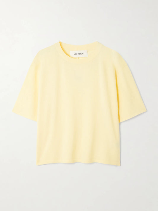 Image of a model wearing Tops. Product name - Rubie Cotton And Cashmere-blend T-shirt in Pastel yellow colour by brand - LISA YANG