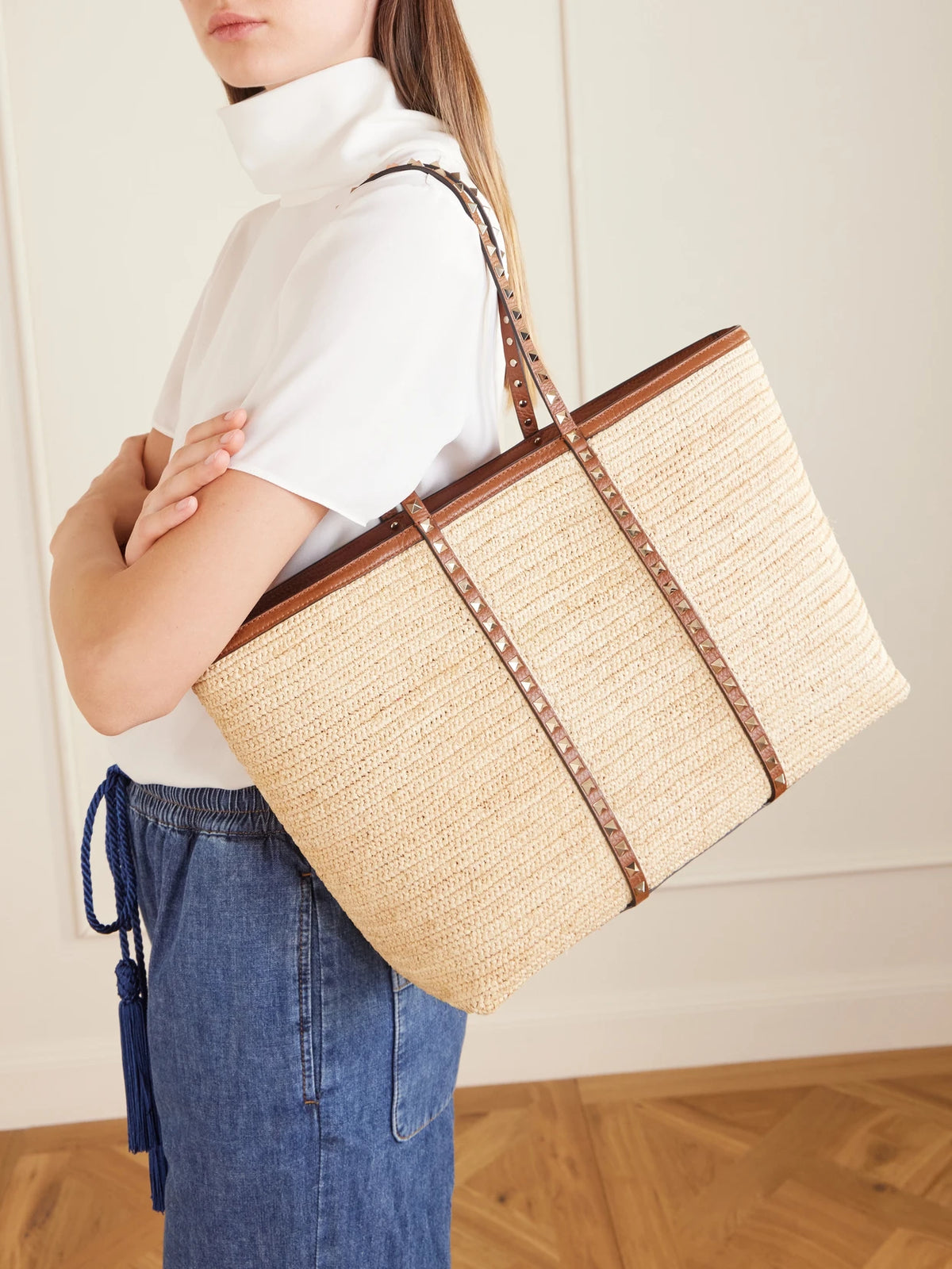 Rockstud Leather-trimmed Raffia Tote