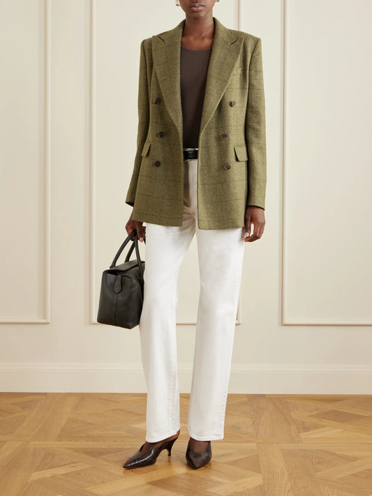 Image of Coats & Jackets. Product name - Ramona Double-breasted Windowpane Linen, Cashmere And Silk-blend Blazer in Army green colour by brand - Ralph Lauren Collection