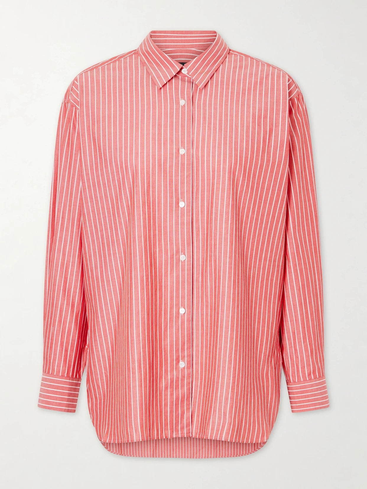 Image of a model wearing Tops. Product name - Yorke Striped Cotton Shirt in Red colour by brand - Nili Lotan