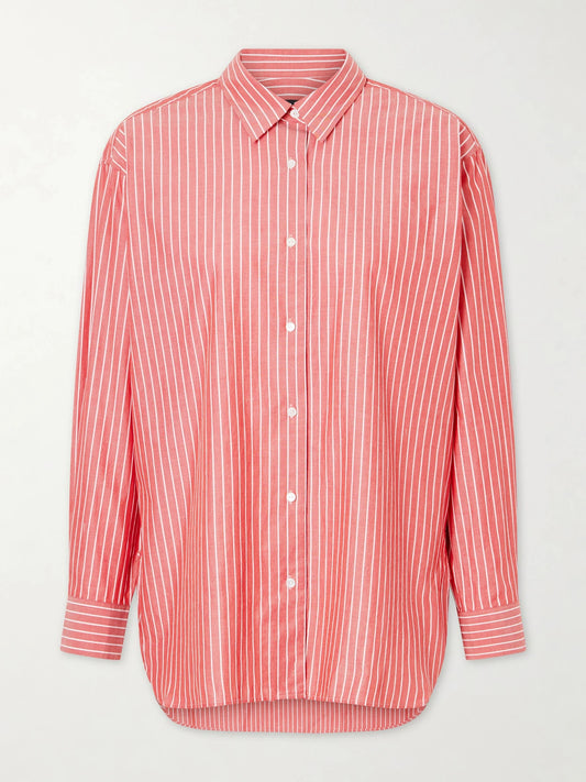 Image of a model wearing Tops. Product name - Yorke Striped Cotton Shirt in Red colour by brand - Nili Lotan