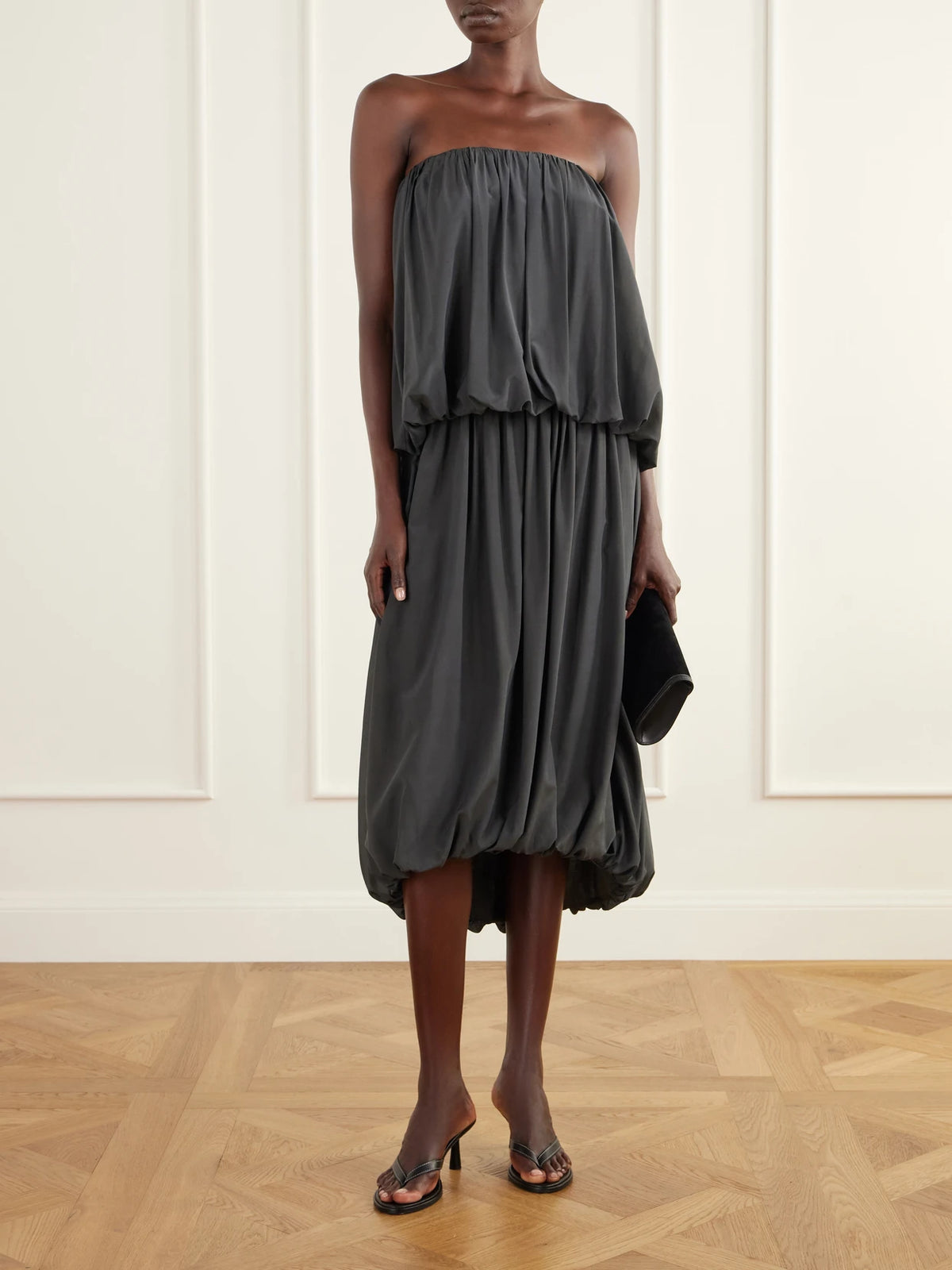 Image of Outfit Sets. Product name - Balloon Strapless Gathered Chiffon Top in Gray colour by brand - ST. AGNI
