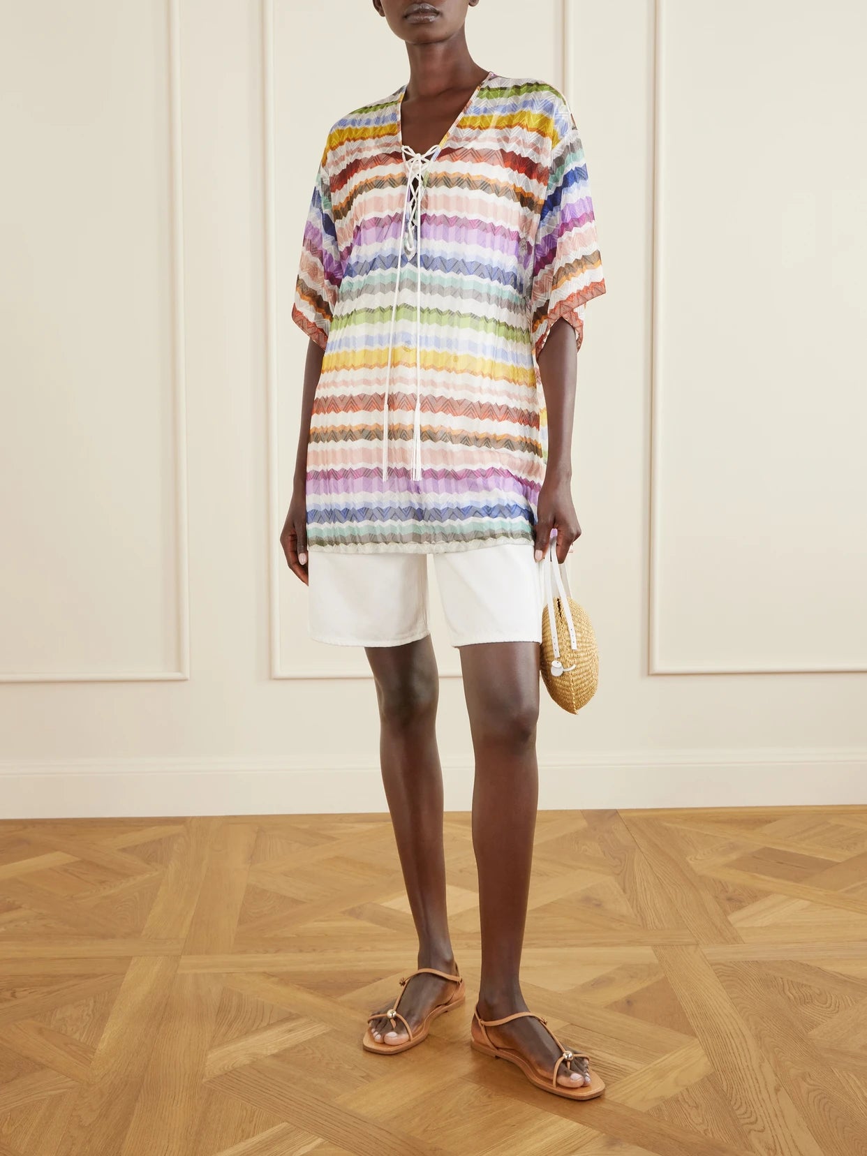 Image of Swimwear. Product name - Lace-up Striped Metallic Crochet-knit Coverup in Multi colour by brand - Missoni