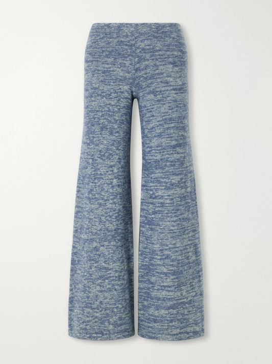 Image of a model wearing Outerwear. Product name - Nimbus Knitted Cashmere And Silk-blend Wide-leg Pants in Blue colour by brand - The Elder Statesman