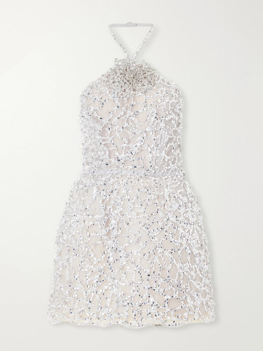 Oscar de la Renta Bustier Crystal-embellished Mesh Halterneck Mini Dress