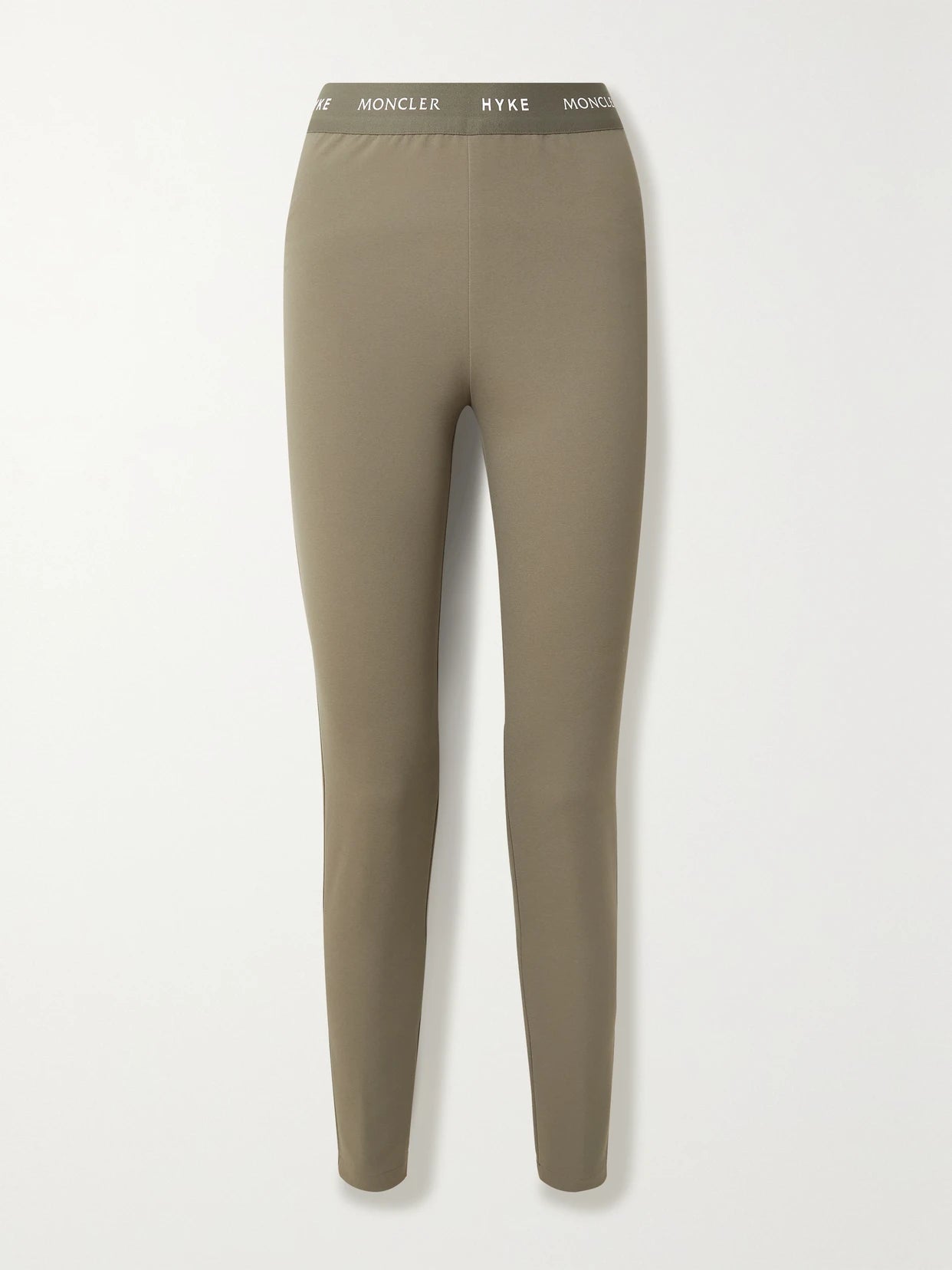 Image of a model wearing Pants. Product name - + Hyke Tech-jersey Leggings in Taupe colour by brand - Moncler Genius