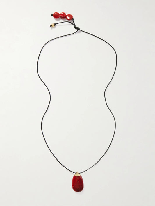 River Rock Gold-plated, Resin And Leather Necklace