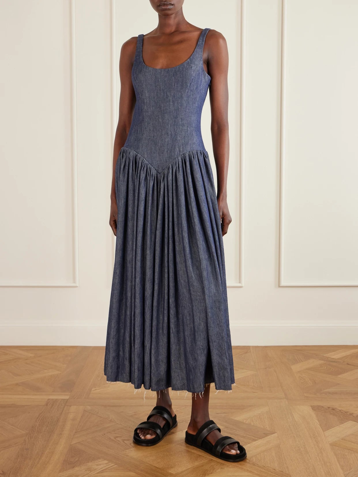 Image of Dresses. Product name - Isai Pleated Linen And Silk-blend Maxi Dress in Dark denim colour by brand - Gabriela Hearst