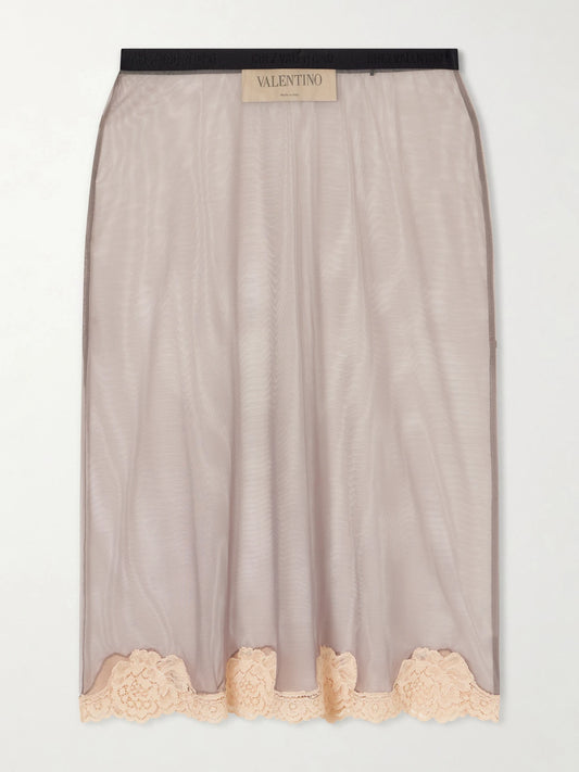 Image of a model wearing Skirts. Product name - Lace-trimmed Mesh Midi Skirt in Gray colour by brand - Valentino Garavani